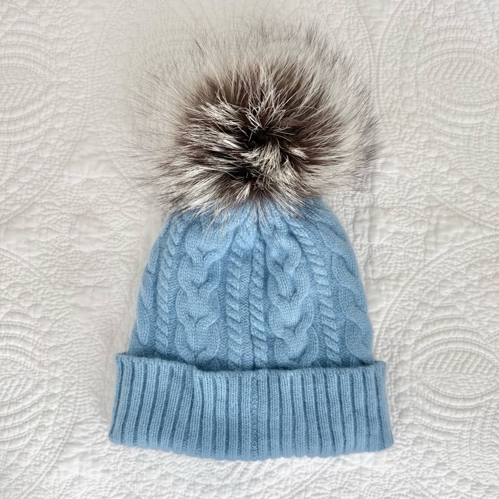 Moncler Wool Beanie Genuine Silver Fox Fur Pom Periwinkle Blue Logo Hat - Picture 2 of 7